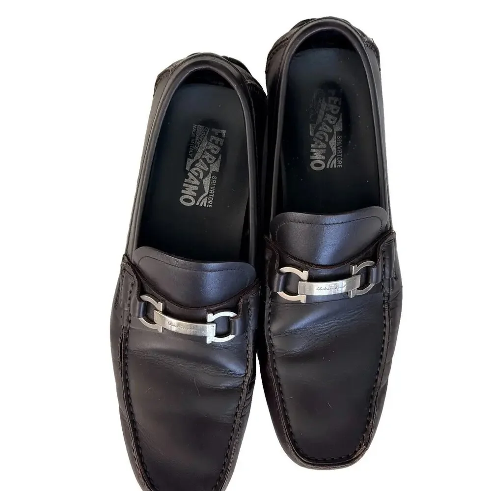 SALVATORE FERRAGAMO Driver Gancini Ornament Brown Loafers Shoes US 9.5 EU $750